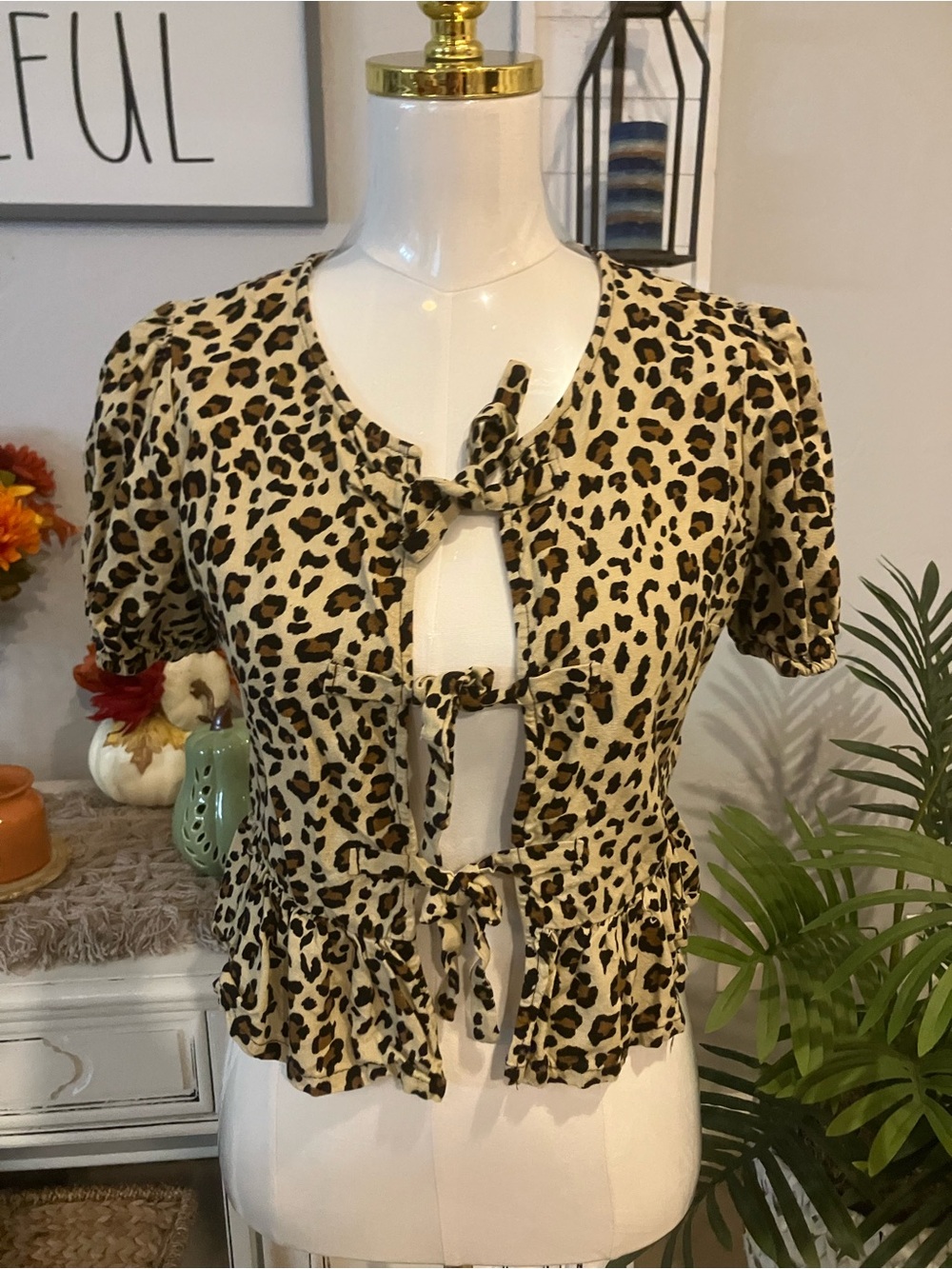 Leopard Print Tie-Front Short Sleeve Top - Beige/Black